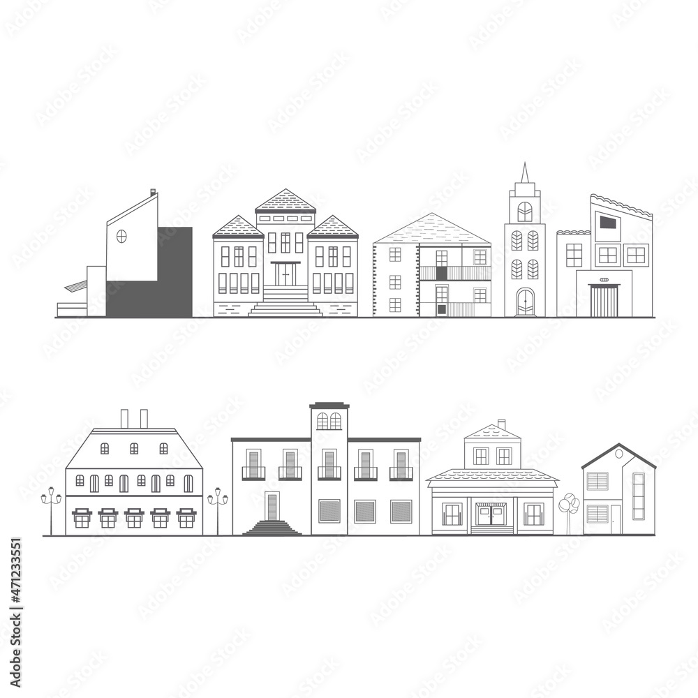 City street with modern houses, villas and a church. Monochrome cityscape with residential houses  and shops.
Solar panels and attics on the roofs of buildings. Sky with clouds and sun.