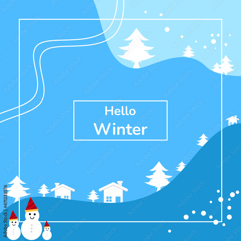 Winter Background. frame with trees, house, snowflakes and snowman. flat, lines and modern style. suitable for greeting card, feed social media, banner or flyer
