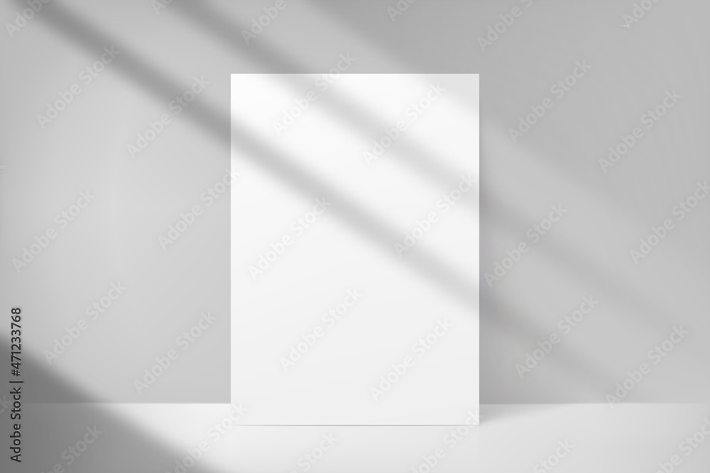White blank frame mockup. Paper empty for visual prints. Mock up design poster, postcard, card, flyer, banner, banner, leaflet, template, picture. Shadow on wall from window light. Vector illustration