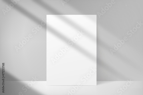 White blank frame mockup. Paper empty for visual prints. Mock up design poster, postcard, card, flyer, banner, banner, leaflet, template, picture. Shadow on wall from window light. Vector illustration