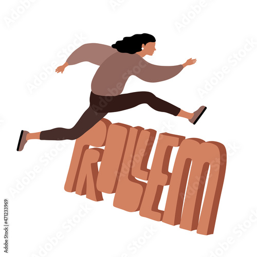 A young woman jumps over the problem. The concept of overcoming life difficulties. Color vector illustration isolated on a white background in a cartoon and flat design.