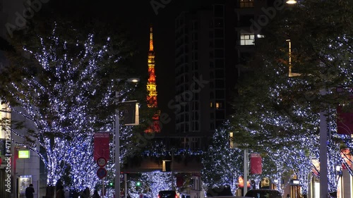 TOKYO, JAPAN - NOVEMBER 2021 : Christmas illumination, led light up at Roppongi Keyaki-zaka (Keyaki hill). Scenery of downtown city and street at night. Japanese winter and Christmas season concept. photo