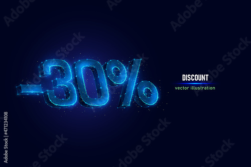 30 percent off digital wireframe made of connected dots. Holiday discount low poly vector illustration on blue background.