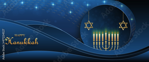 Happy Hanukkah card with nice and creative symbols and gold paper cut style on color background for Hanukkah Jewish holiday (translation : happy Hanukkah day, Hag HaHanukka)