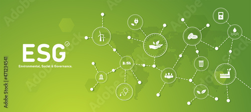 Sustainable business or green business vector illustration background with connection icon concept related to environmentally friendly environmental icon set. Web and Social Header Banners for ESG.