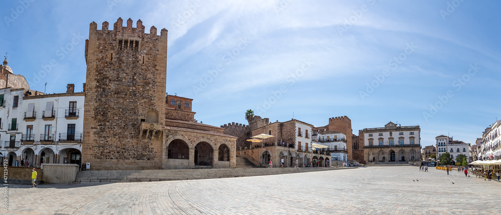 Panoramic view at the Plaza Mayor in Cáceres city downtown, Ayuntamiento de Cáceres, Arco de la Estrella and other heritage buildings