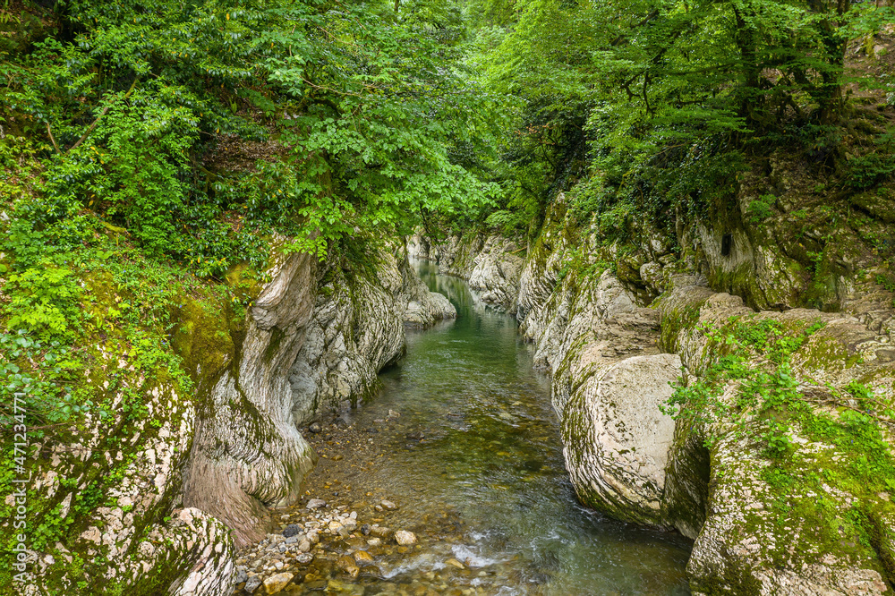 Caucasus. Khosta river. Devil's gate canyon. The area of yew-boxwood grove. Aerial view. Caucasus. Khosta river. Devil's gate canyon. The area of yew-boxwood grove. Aerial view.
