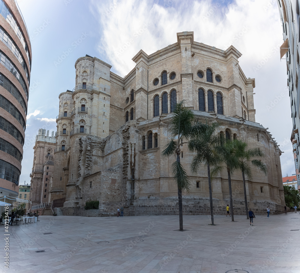 View at the back facade at the Malaga Cathedral or Santa Iglesia Catedral Basílica de la Encarnación, an iconic national landmark ,16th-century baroque facade, palm trees