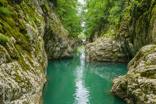 Caucasus. Khosta river. Devil s gate canyon. The area of yew-boxwood grove. Aerial view.