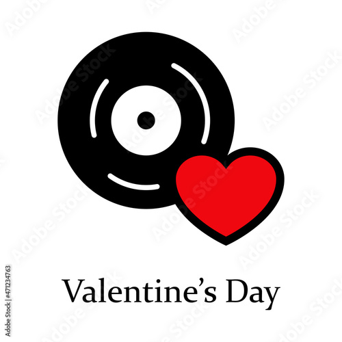 Logotipo con texto Valentine's Day con disco de vinilo con corazón para su uso en invitaciones y tarjetas de felicitación en color rojo y negro