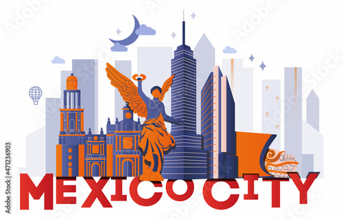 Mexico City culture travel set, famous architectures and specialties in flat design. Business Mexican tourism concept clipart. Image for presentation, banner, website, advert, flyer, roadmap, icons