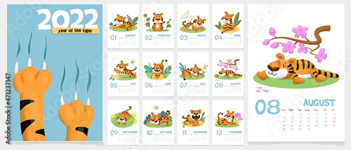 Children's calendar for 2022 - year of tiger. Cute funny striped baby tiger cub are having fun and relaxing. Cartoon vector template for calendar or planner © Veronika