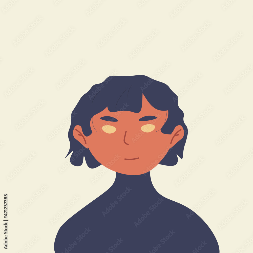 Flat illustration of an avatar icon for social networks and other. A swarthy, dark-haired, smiling girl with a short haircut.