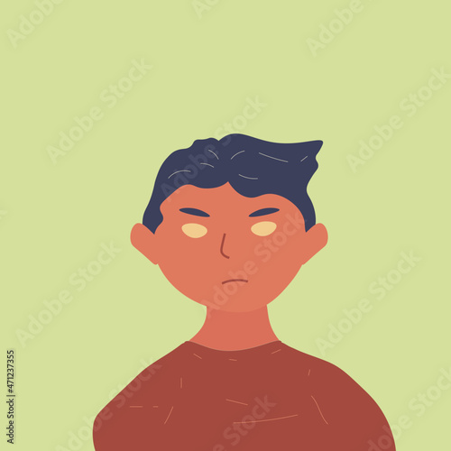 Flat illustration of an avatar icon for social networks and other. A swarthy, dark-haired, frowning young man.