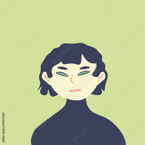 Flat illustration of an avatar icon for social networks and other. A dark-haired smiling girl with a short haircut.