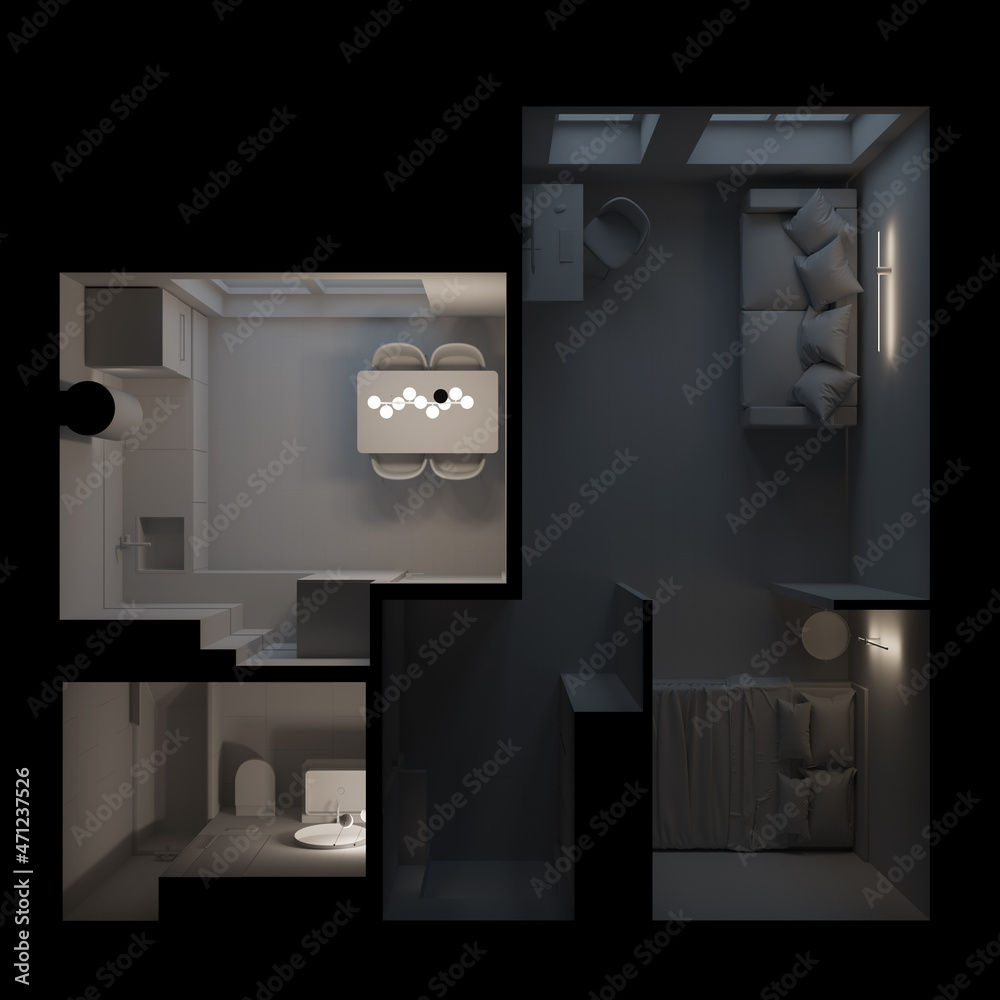 Design of a small apartment with evening lighting. The layout of the premises. Space zoning. View from above. 3D rendering. Design of a small apartment with evening lighting. The layout of the premises. Space zoning. View from above. 3D rendering.