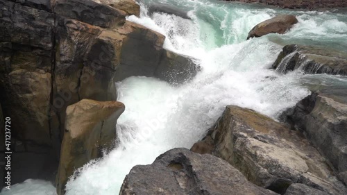 Sunwapta Falls, Jasper National Park, Alberta, Canada. Glacial River and Canyon, Slow Motion photo