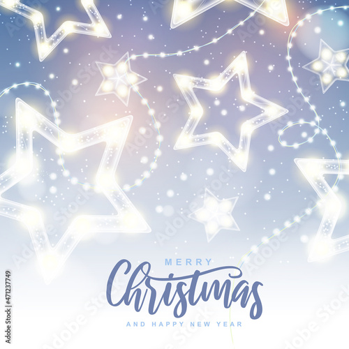 Vector garlang with gold or yellow lamps on christmas background. Glowing star shape. Holiday string of lights vector illustration
