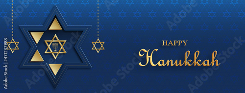 Happy Hanukkah card with nice and creative symbols and gold paper cut style on color background for Hanukkah Jewish holiday (translation : happy Hanukkah day, Hag HaHanukka) photo