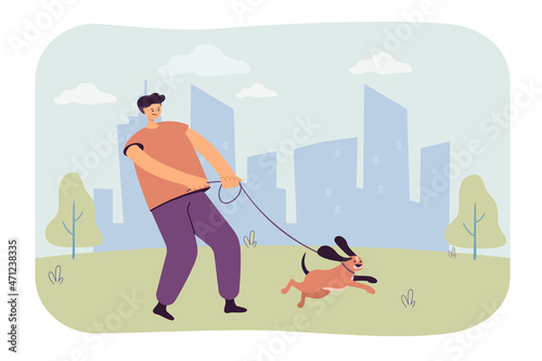 Cartoon owner pulling on leash of dog on walk. Man walking playful puppy outside flat vector illustration. Pets, outdoor activity, leisure concept for banner, website design or landing web page