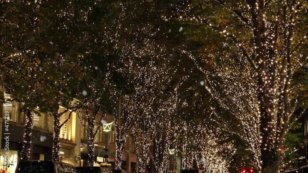 TOKYO, JAPAN - NOVEMBER 2021 : Christmas illumination, led light up and snow at Marunouchi area. Scenery of downtown city and street at night. Soft snow falling. Winter and Christmas season concept. TOKYO, JAPAN - NOVEMBER 2021 : Christmas illumination, led light up and snow at Marunouchi area. Scenery of downtown city and street at night. Soft snow falling. Winter and Christmas season concept.