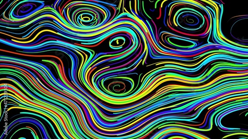 Abstract creative bg with curled lines like trails of different colors. Lines form swirling pattern like curle noise. Abstract 3d bright creative festive background. 3d render