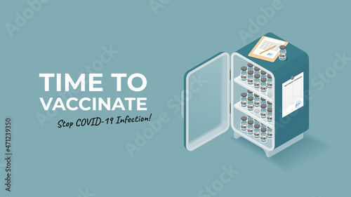 Open medical refrigerator storage with shelves full of covid vaccine bottles isometric 3d vector illustration. Time to vaccinate horizontal web banner poster. Laboratory equipment hospital stuff.
