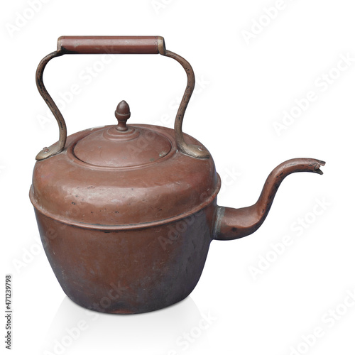 side view antique brown pot on white background, vintage, retro, copy space