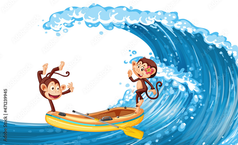Happy monkeys dancing on a inflatable boat on ocean wave