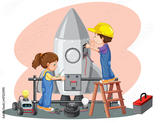 Children fixing a rocket together on white background