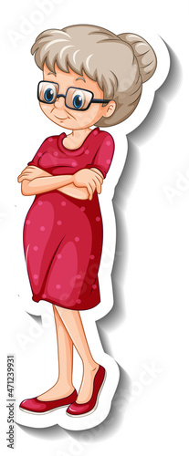 A sticker template with an old woman in standing pose