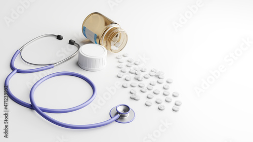 Stethoscope and medicine bottle. The tablets are scattered. Medical equipment. 3D rendered illustration.