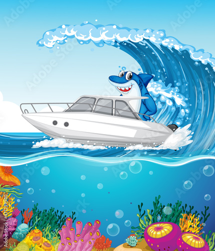 Shark on speed boat on ocean wave