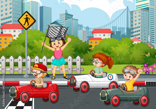 Park scene with children racing car
