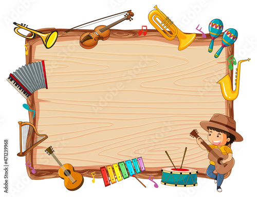 Empty wooden board with musical instruments