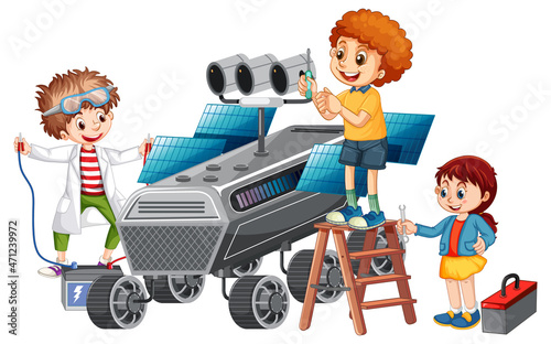 Children fixing satellite together on white background