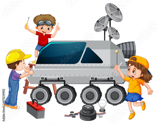 Children fixing satellite together on white background