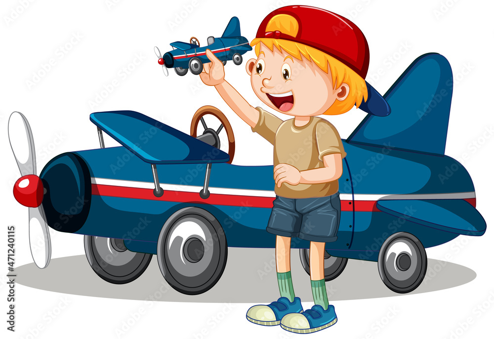Young boy playing with plane toy standing in front of plane Young boy playing with plane toy standing in front of plane