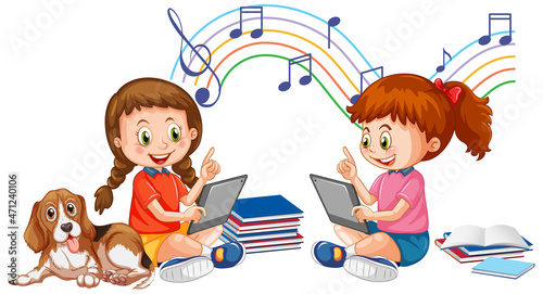 Young girls using tablet on white background