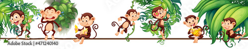 Different monkey cartoon characters on the rope with tropical leaf