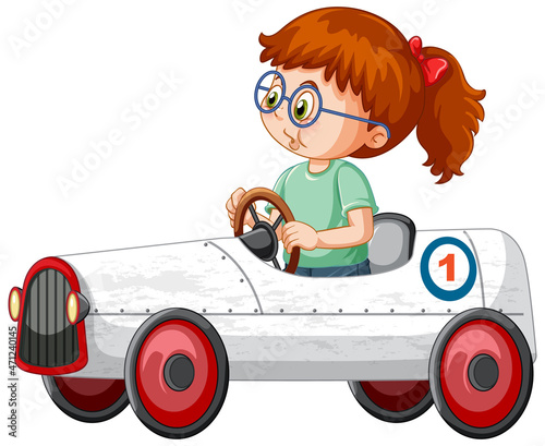 A girl driving mini car toy on white background