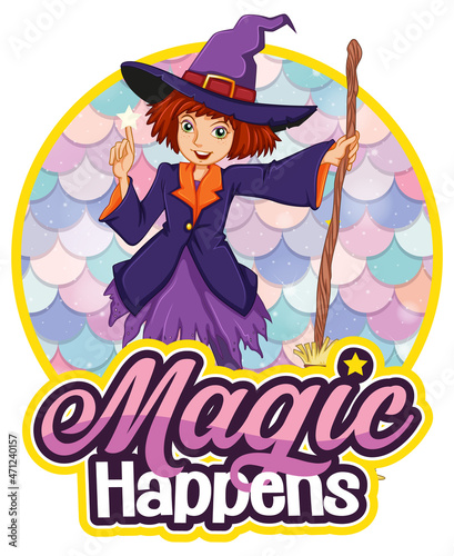 Witch cartoon character with Dream a Little Dream font typography