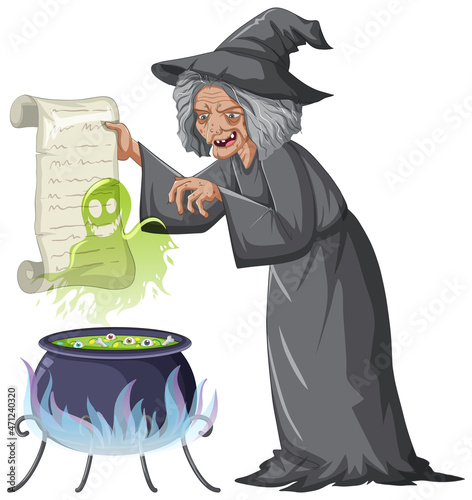 Green old witch character on white background