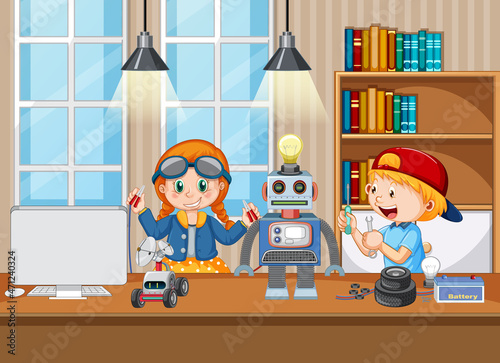 Children fixing a robot together in the room scene