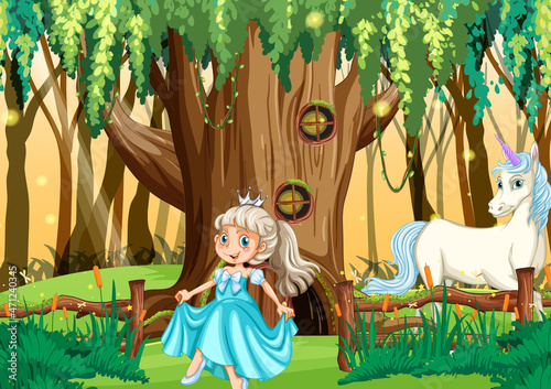 Princess and unicorn in enchanted garden background