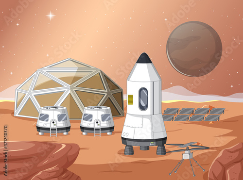 Space station on planet landscape