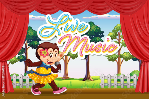 Monkey cartoon character singing on stage