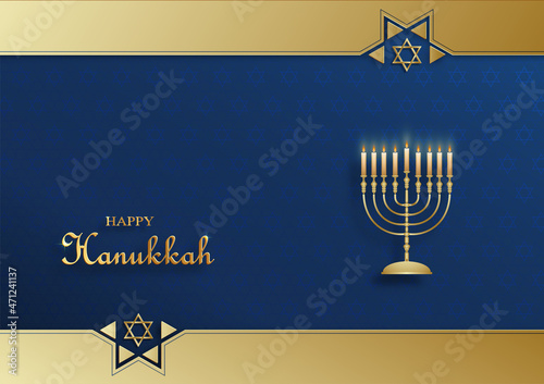 Happy Hanukkah card with nice and creative symbols and gold paper cut style on color background for Hanukkah Jewish holiday (translation : happy Hanukkah day, Hag HaHanukka)