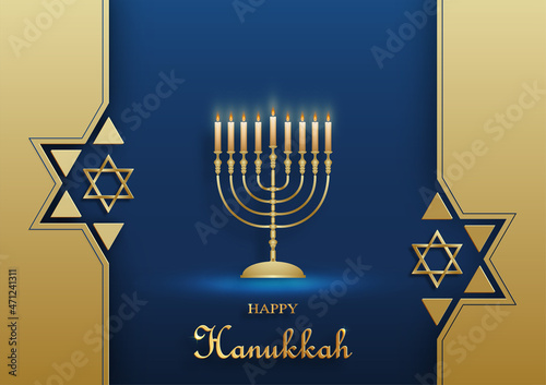 Happy Hanukkah card with nice and creative symbols and gold paper cut style on color background for Hanukkah Jewish holiday (translation : happy Hanukkah day, Hag HaHanukka)