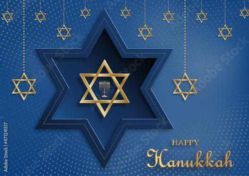 Happy Hanukkah card with nice and creative symbols and gold paper cut style on color background for Hanukkah Jewish holiday (translation : happy Hanukkah day, Hag HaHanukka)